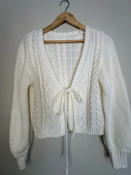 Cozy Cream Cable-Knit Tie-Front Sweater - Picture 1 of 8